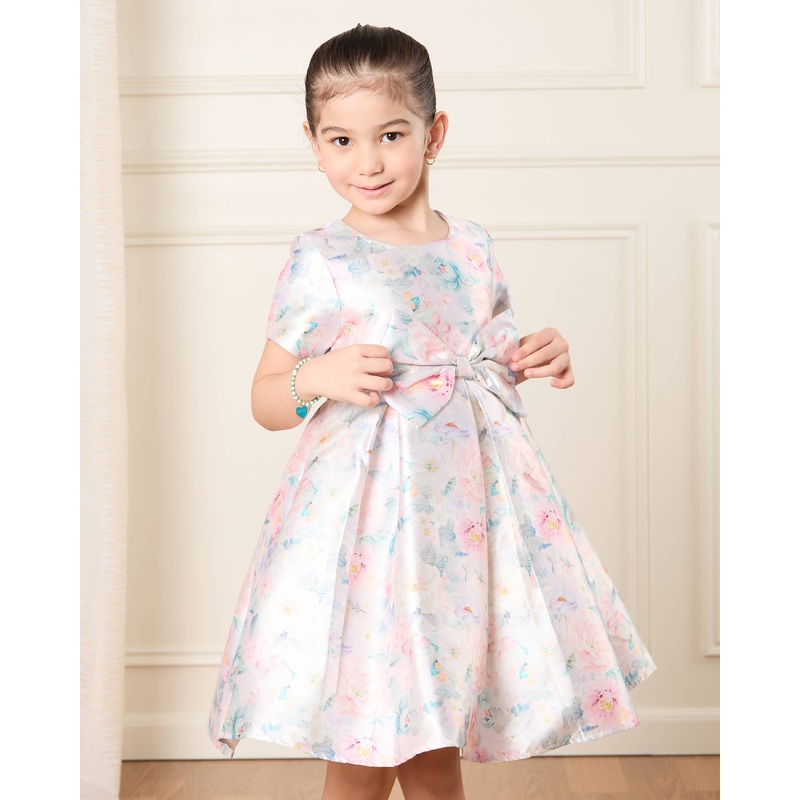 Girls Blue Floral Print Dress With Bow