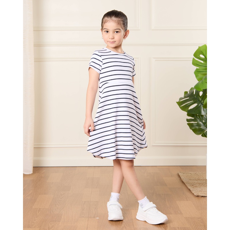 Girls Pink And White Striped Dress Set (Pack of 2)
