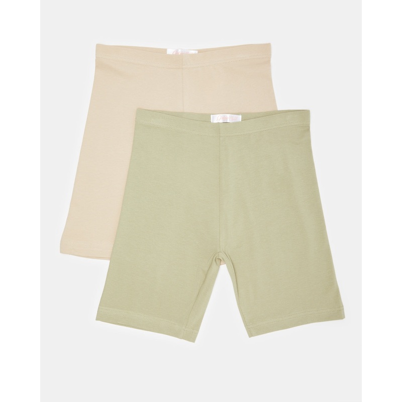 Senior Girls Beige And Green Cycling Shorts (Pack of 2)