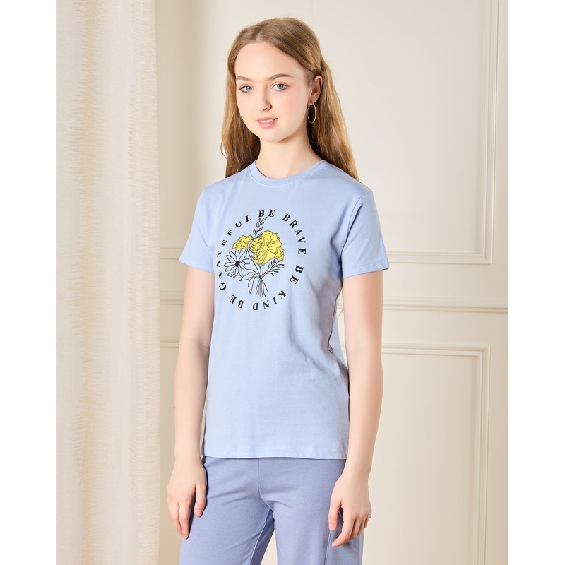 Senior Girls Blue Printed Casual T-Shirt