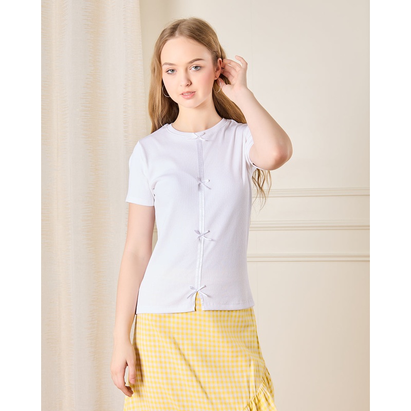 Senior Girls White Ribbed Bow Top