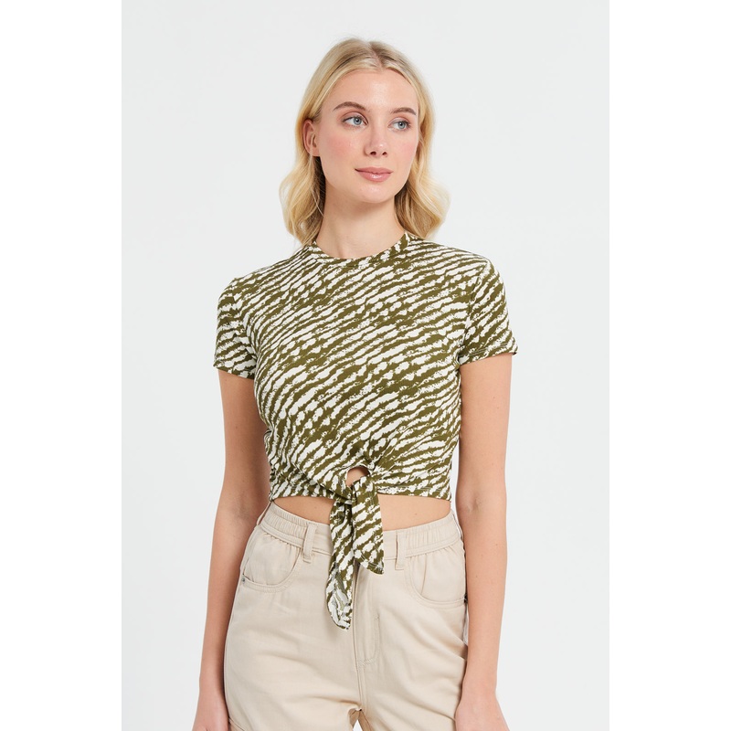 Woman Olive And Beige Printed Rib Top