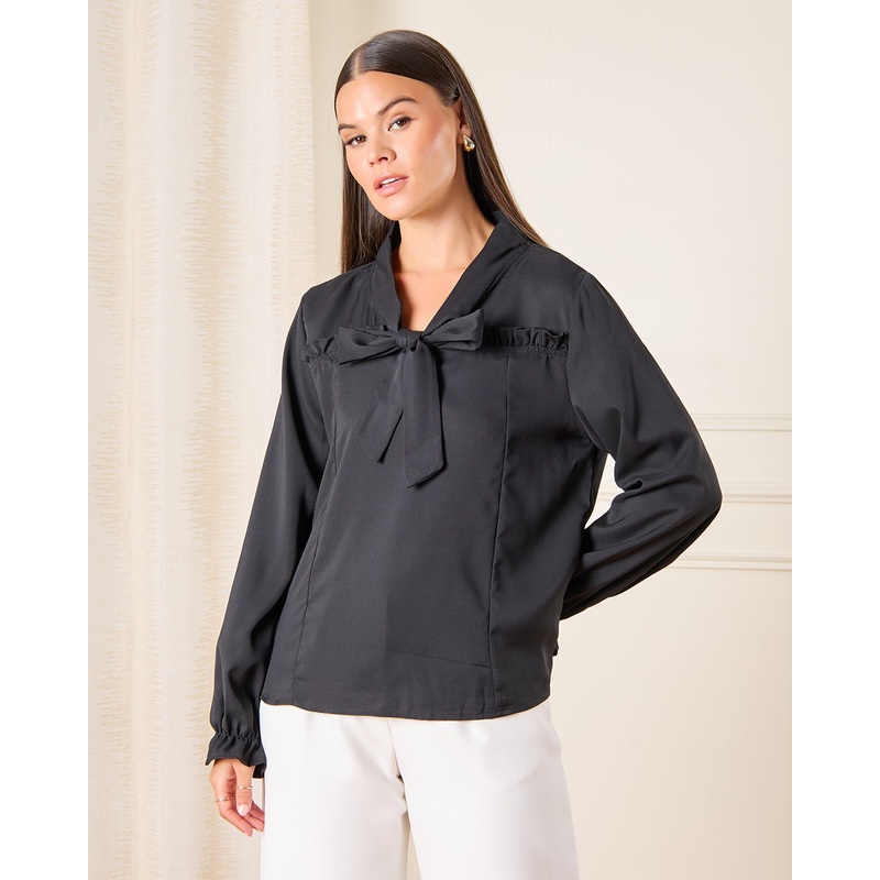 Women Black Tie Neck Casual Blouse