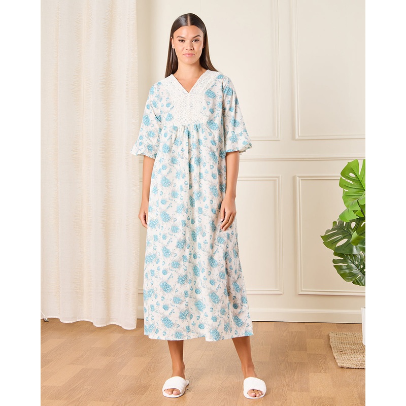 Women Blue Floral Printed Nightgown