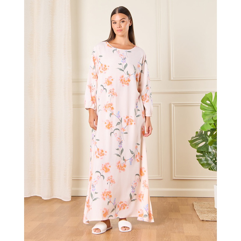 Women Cream Printed Nightgown|Medium|Large|X-Large