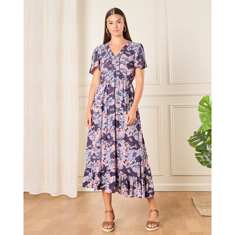 Women Lilac A Line Flutter Sleeve Dress