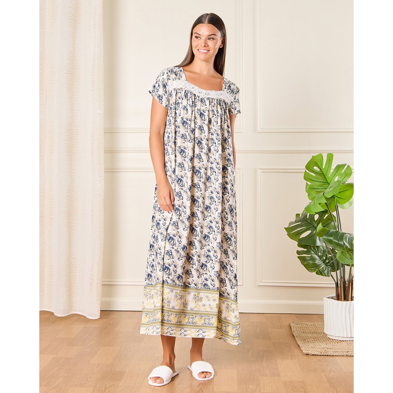 Women Multicolour Short Sleeved Print Nightgown