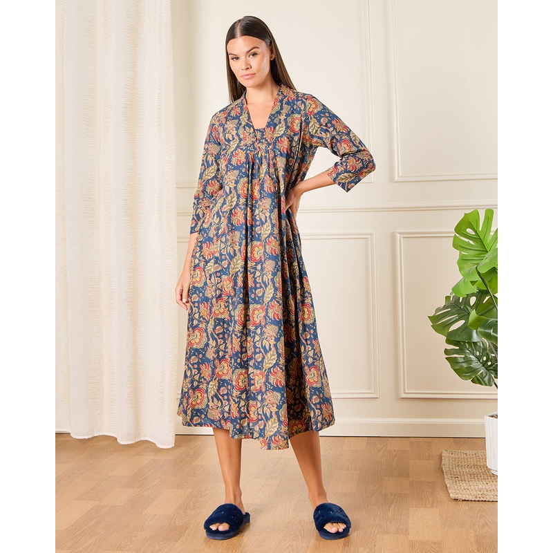 Women Navy Floral Printed Nightgown
