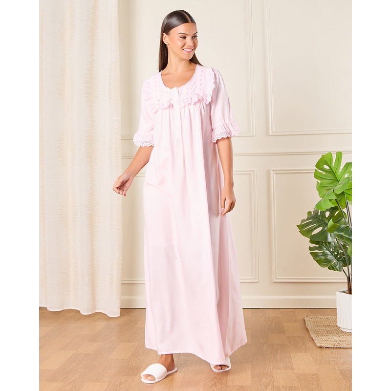 Women Pink Nightgown With Neck Detailing