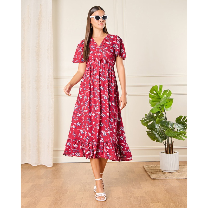 Women Pink Print A Line Flutter Sleeve Midi Dress