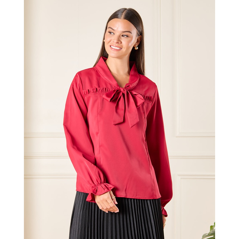 Women Red Tie Neck Casual Blouse