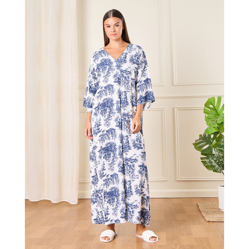 Women White And Blue Printed Nightgown