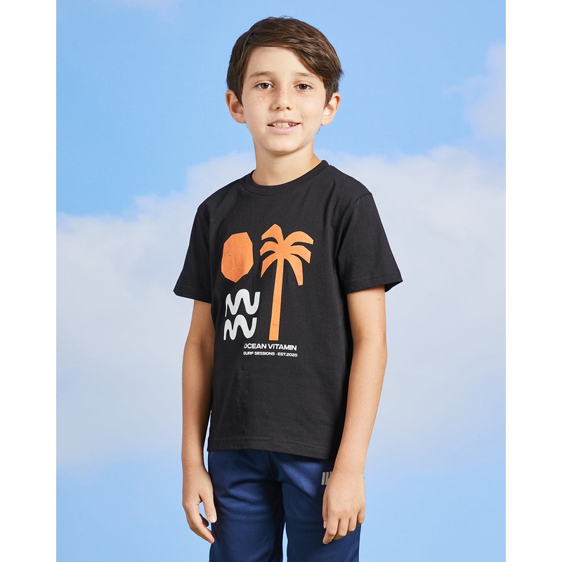 Boys Black Beach Print T-Shirt