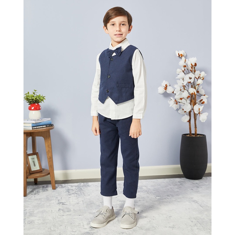 Boys Navy Vest Coat And Shirt Set (3 Piece)