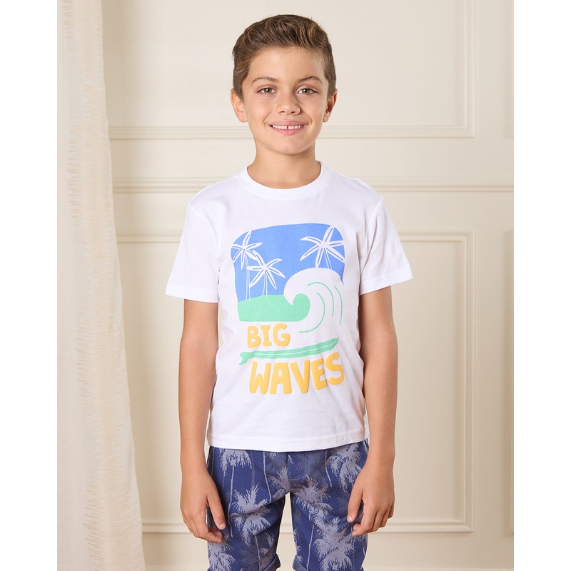 Boys White Big Waves Print T-Shirt