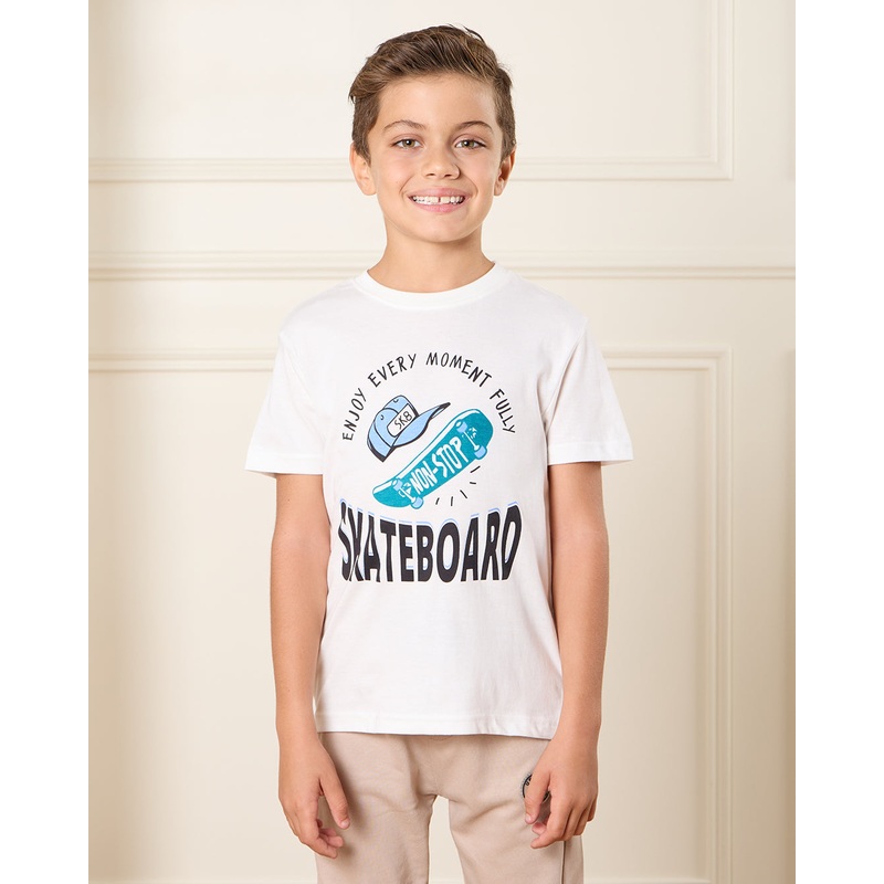 Boys White Skateboard Print T-Shirt