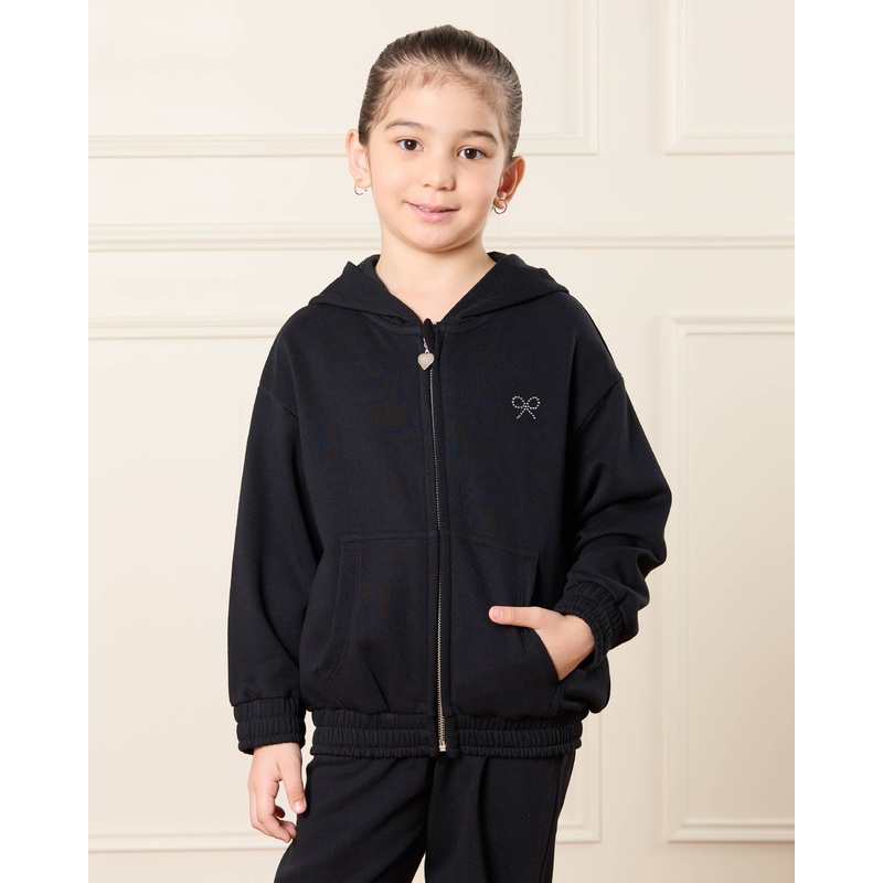Girls Black Zip Through Hooded Sweatshirt