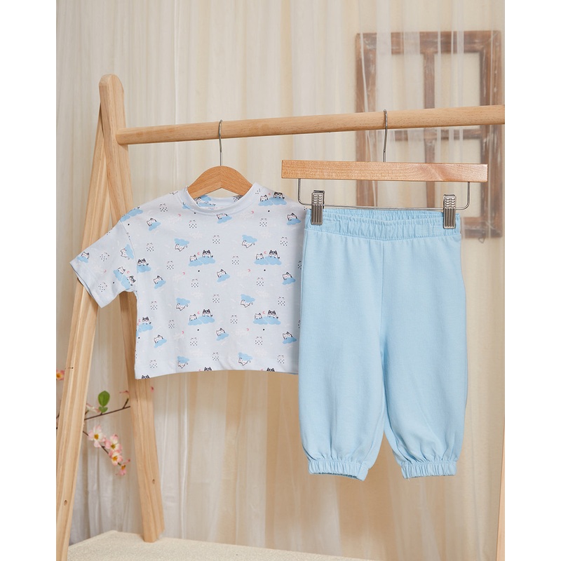 Infant Girls Blue And White Cat Print Set (2 Piece)