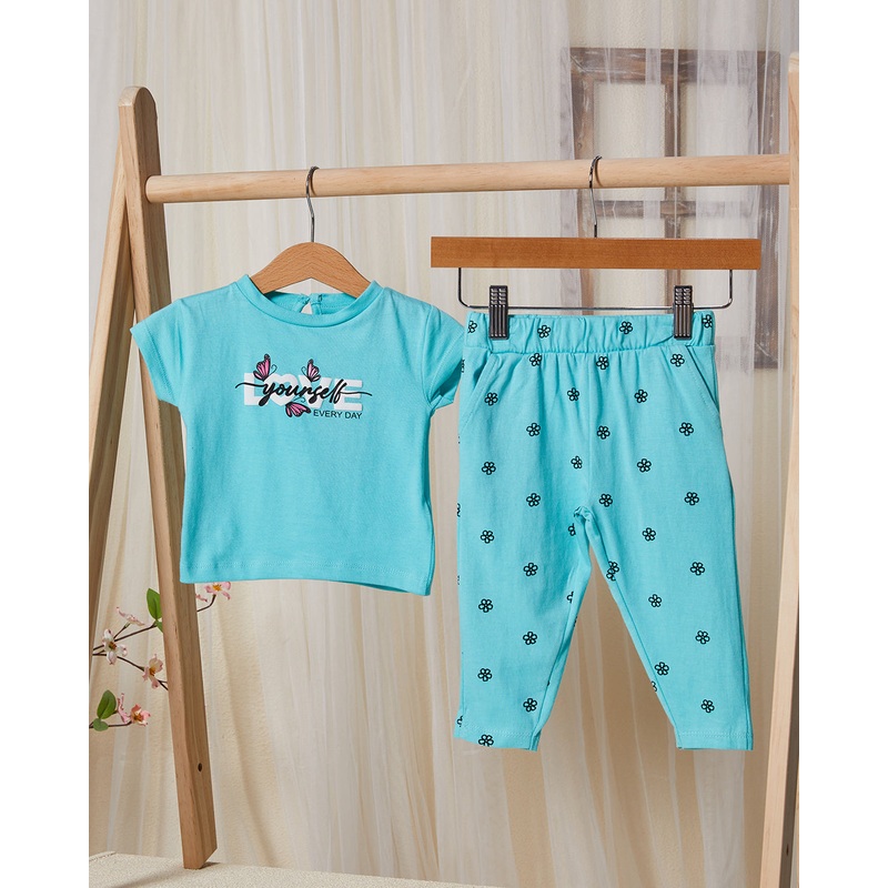 Infant Girls Blue Floral Print Pyjama Set (2 Piece)