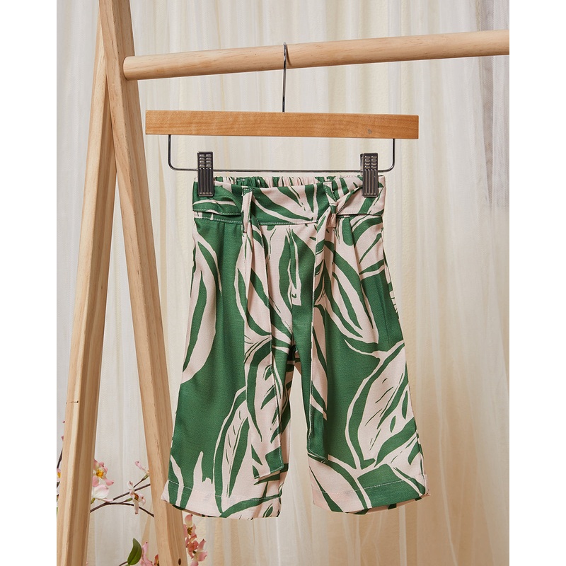 Infant Girls Green And Beige Leaves Print Casual Trouser