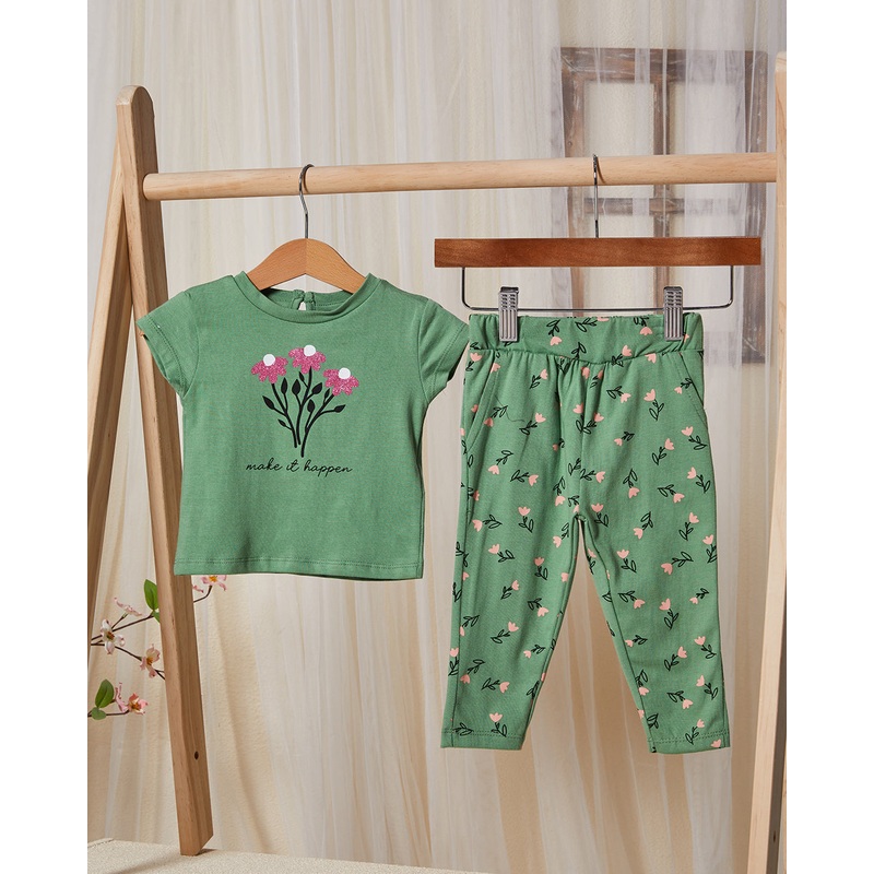 Infant Girls Green Floral Print Pyjama Set (2 Piece)