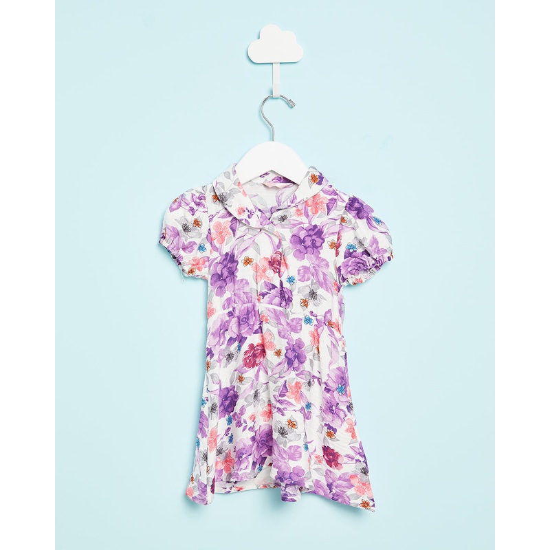 Infant Girls White And Purple Printed Casual Dress