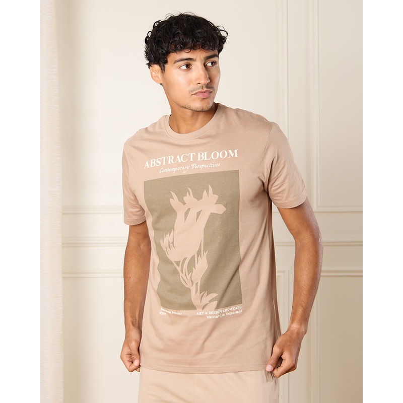 Men Beige Abstract Bloom Print T-Shirt