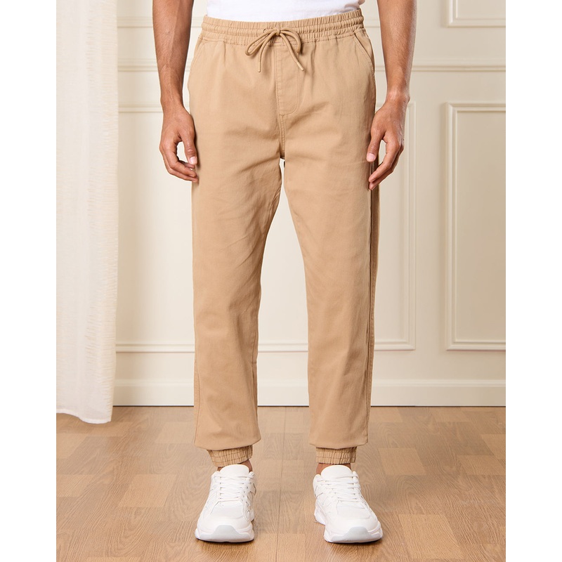 Men Beige Solid Twill Jogger|Small|Medium|Large|X-Large|XX-Large