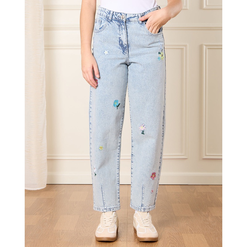 Senior Girls Blue Embroidered Jeans