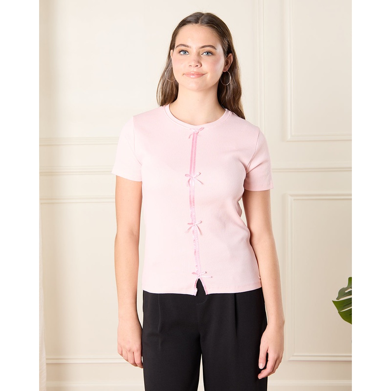 Senior Girls Pink Rib Bow Top|8-9 Yrs (S)|9-10 Yrs (M)|11-12 Yrs (L)|13-14 Yrs (XL)|15-16 Yrs (XL)
