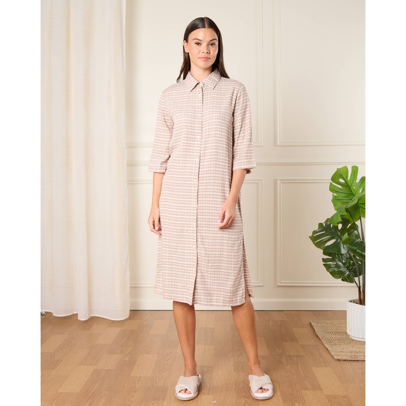 Women Beige Checkered Nightshirt