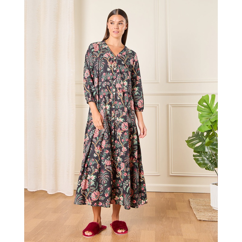 Women Black Floral Printed Nightgown