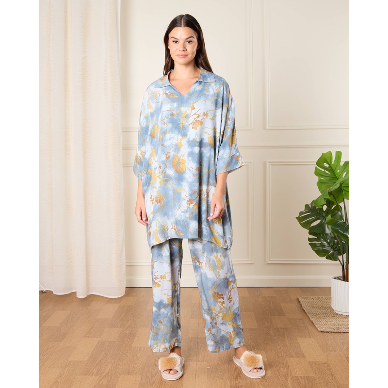 Women Blue Collared Pyjama Set (2 Piece)