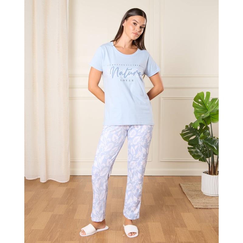 Women Blue Nature Lover Print Pyjama Set (2 Piece)