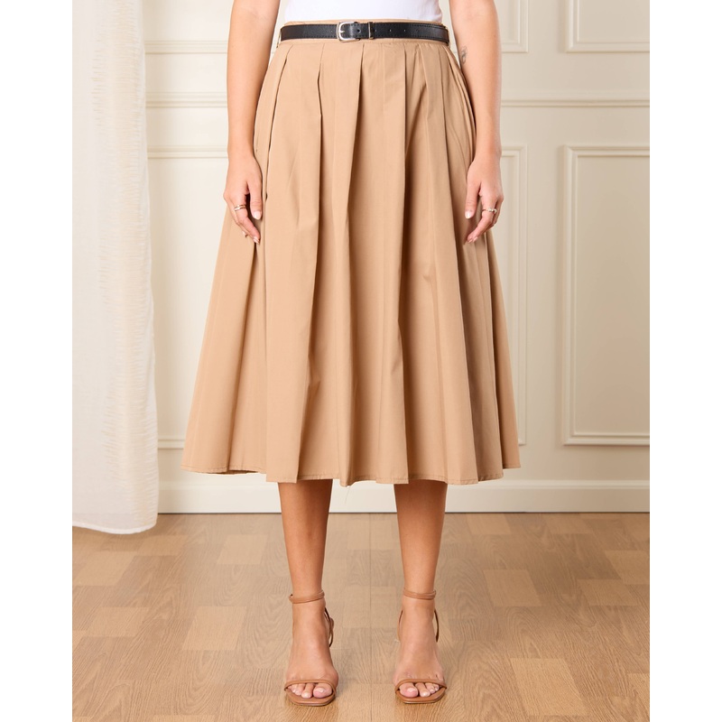 Women Brown A Line Pleated Skirt With Belt