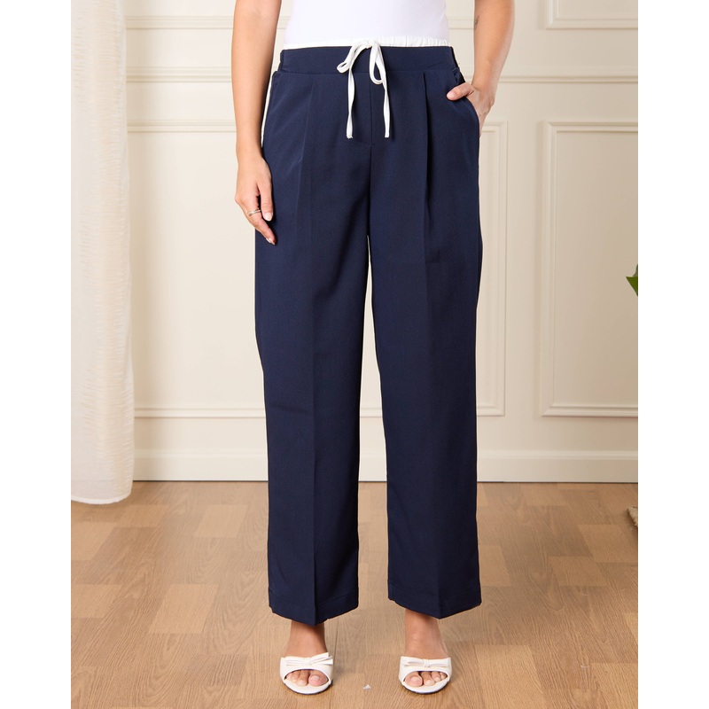 Women Navy Detailed Wide Leg Trousers