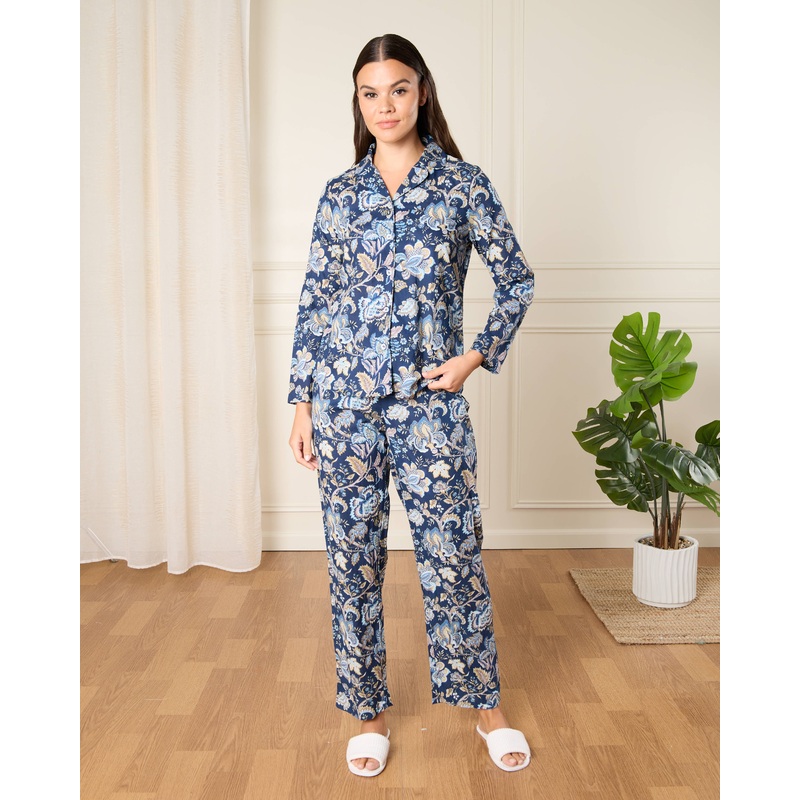 Women Navy Printed Collared Pyjama Set (2 Piece)