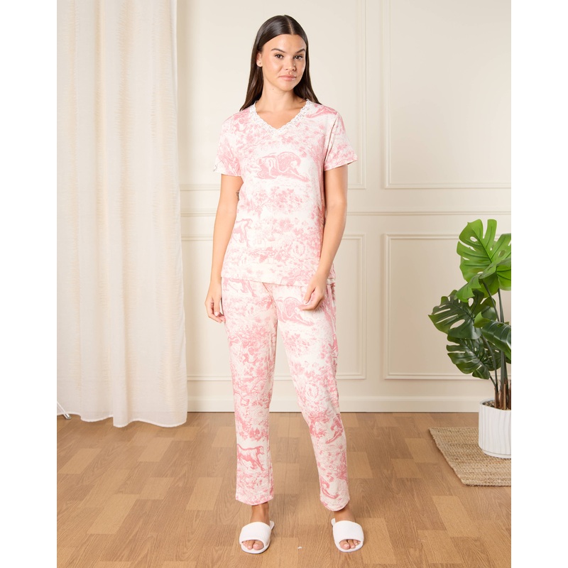 Women Pink Lace Printed Pyjama Set (2 Piece)