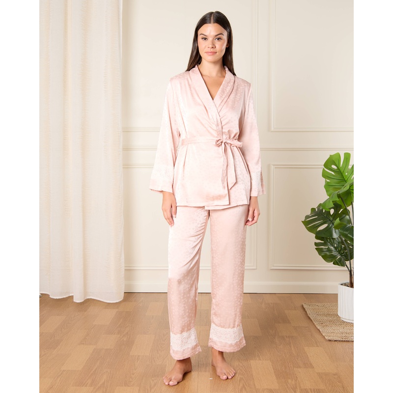Women Pink Satin Lace Robe & Pant Set (2 Piece)