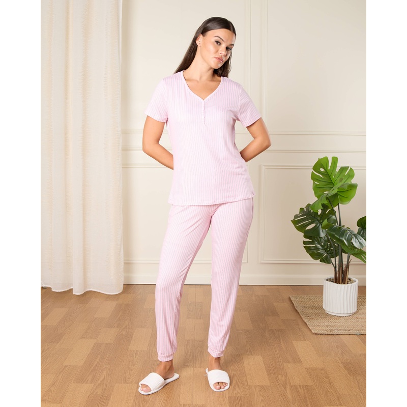 Women Pink Striped Pyjama Set (2 Piece)