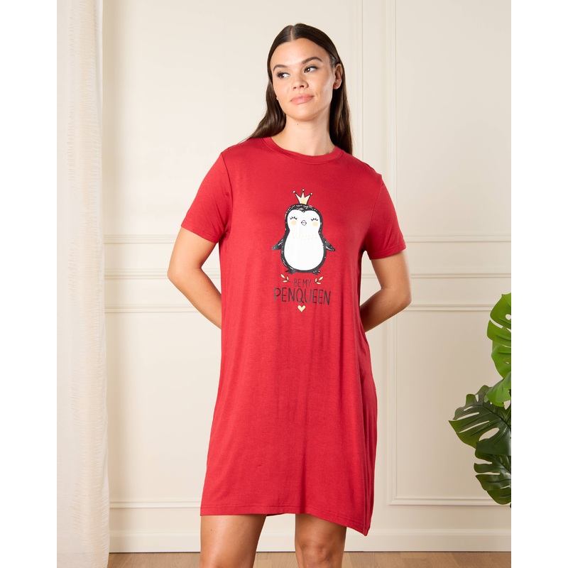 Women Red Penguin Print Nightdress