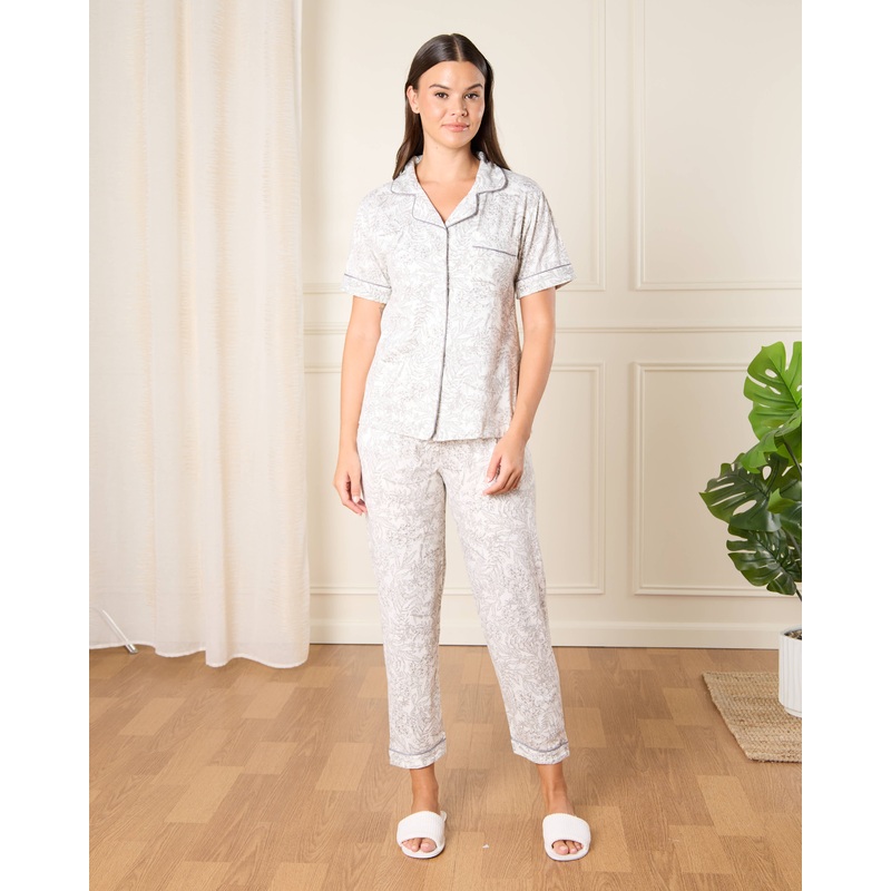 Women White Collared Printed Pyjama Set (2 Piece)