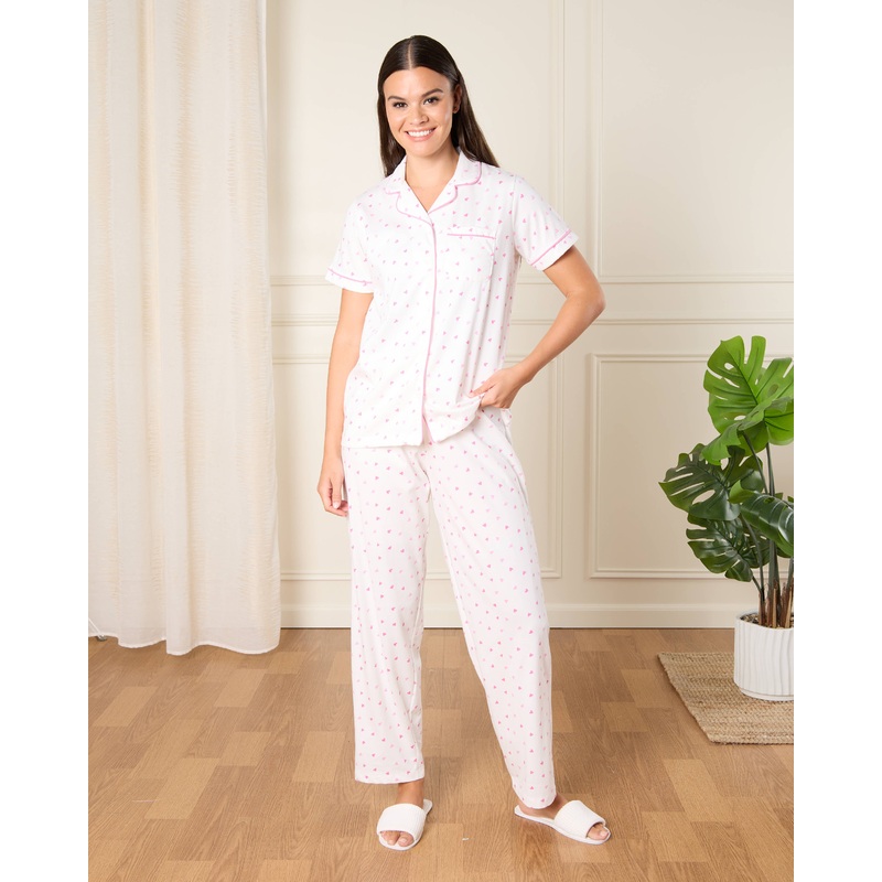 Women White Hearts Print Pyjama Set (2 Piece)