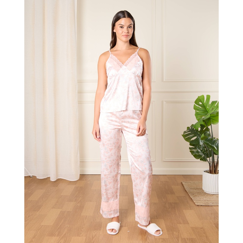 Women White Printed Satin & Lace Cami Set (2 Piece)