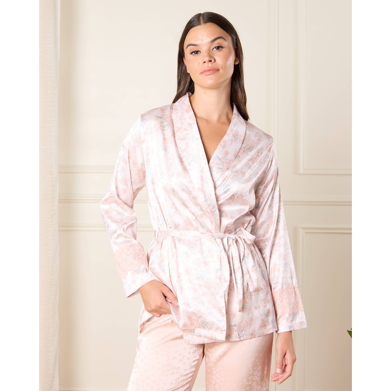 Women White Printed Satin & Lace Robe (2 Piece)