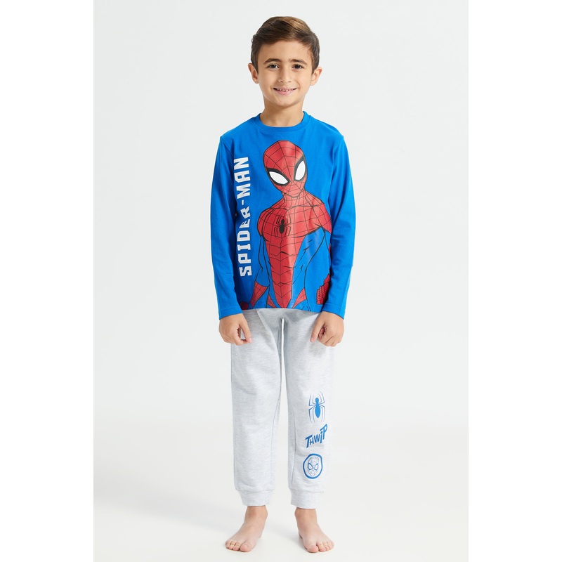 Boys Blue And Grey Spiderman Print Pyjama Set (2 Piece)
