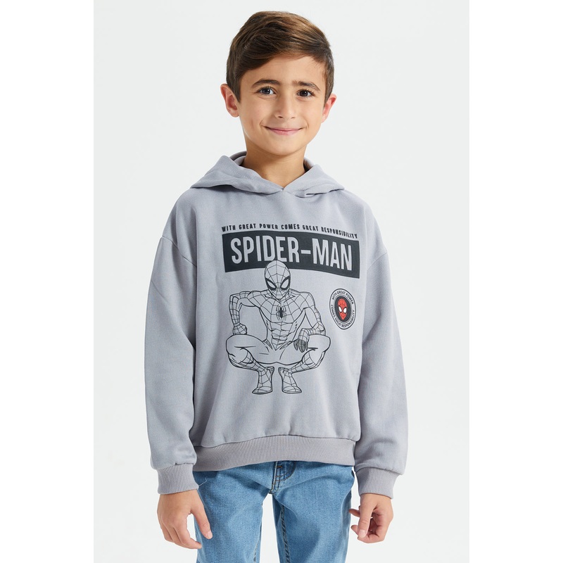 Boys Grey Spider Man Print Hooded Sweatshirt