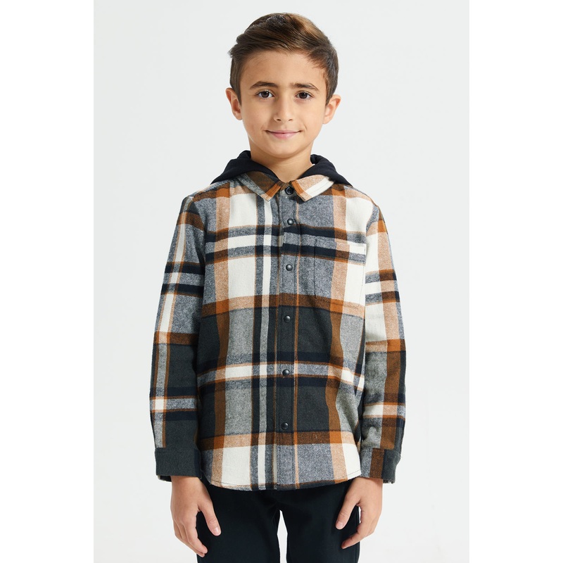Boys Multicolour Checkered Shirt With Detachable Hooded
