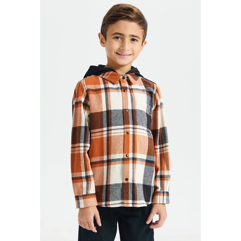 Boys Rust Checkered Shirt With Detachable Hooded