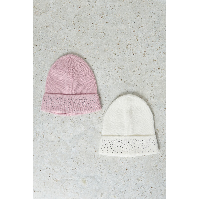 Girls Pink And White Embellished  Cap Set (2 Piece)
